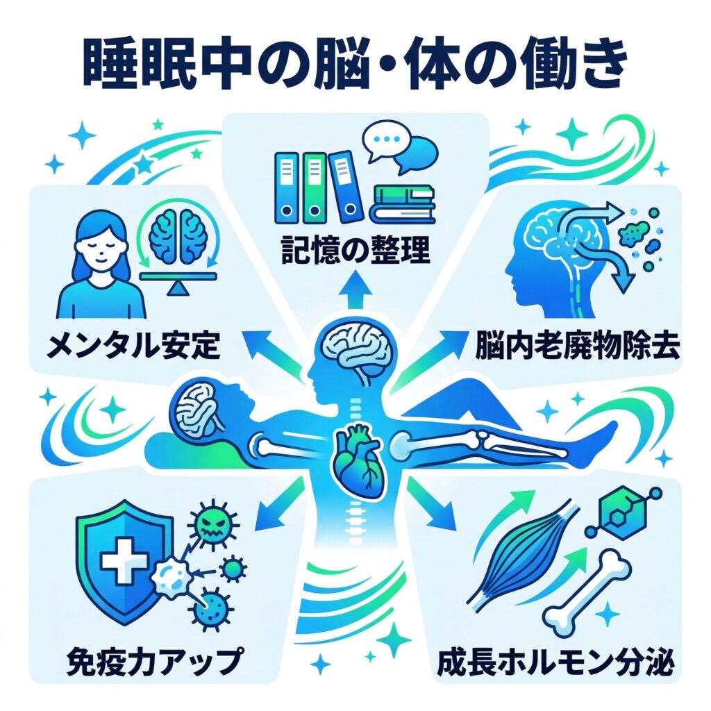 人体の中央に脳・心臓・筋肉を配置し、それぞれから「記憶の整理」「免疫力アップ」「成長ホルモン分泌」「脳内老廃物除去」「メンタル安定」の5項目が放射状に伸びる図解 フォント:太めのゴシック体、日本語で各項目を明記 推奨比率:16:10(800×500px)