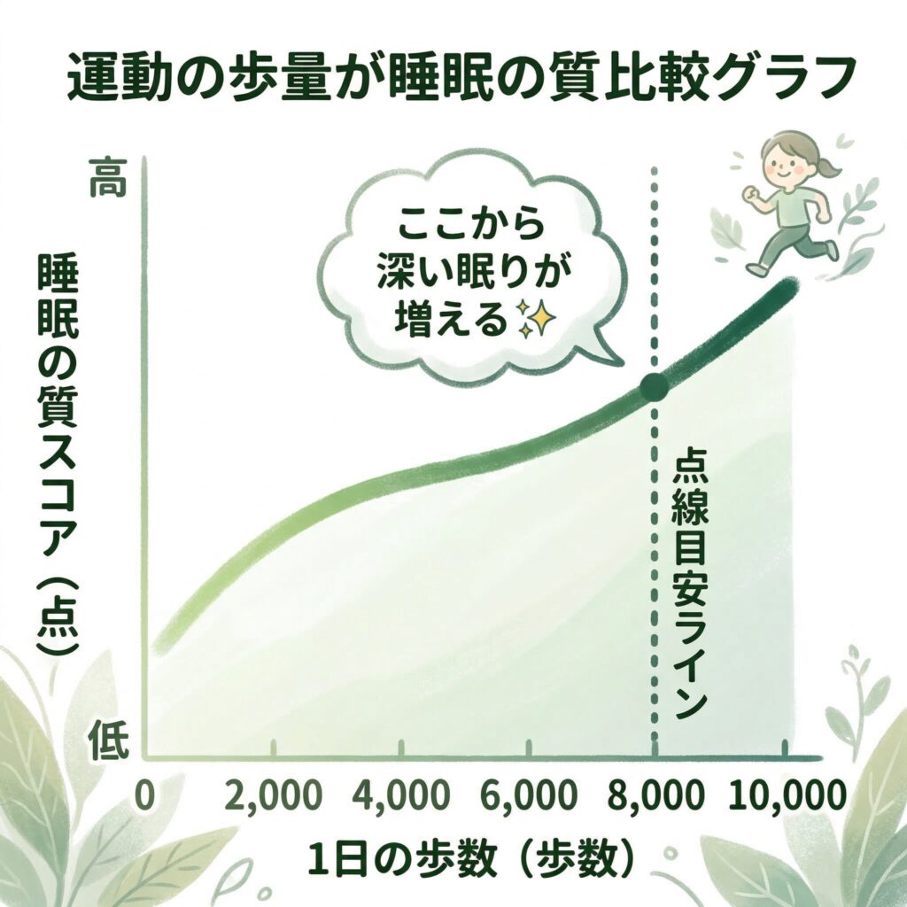 横軸「1日の歩数(0〜10,000歩)」、縦軸「睡眠の質スコア(低〜高)」の折れ線グラフ。8,000歩の位置に「目安ライン(点線)」を入れ、「ここから深い眠りが増える✨」のふきだしを追加
キャラクター要素:グラフの端に小さなランニング人物アイコンを添える
推奨比率:16:9(800×450px)
