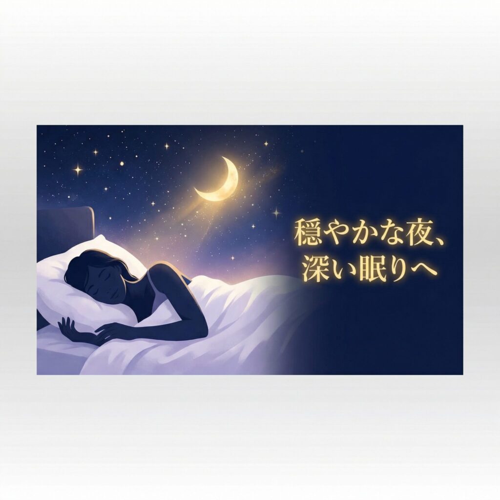 内容:白いベッドで気持ちよさそうに横向きに眠る成人女性のシルエット、背景に夜空と三日月・星のきらめき、穏やかで安心感のある雰囲気 テキストスペース:画像右側に余白を設けてタイトル文字が重ねられるようにする 推奨比率:16:9(1200×630px)