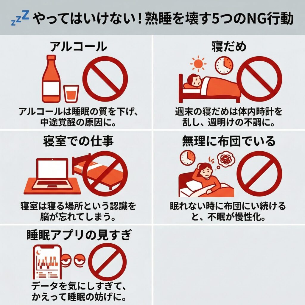5つのNG行動(アルコール・寝だめ・寝室での仕事・無理に布団でいる・睡眠アプリの見すぎ)をそれぞれアイコン化し、横2列+縦3行のグリッドレイアウトで配置。各アイコン下に短いNG理由のテキストを記載
追記要素:全体の上部に「💤 やってはいけない!熟睡を壊す5つのNG行動」のタイトル帯を配置
推奨比率:16:10(800×500px)