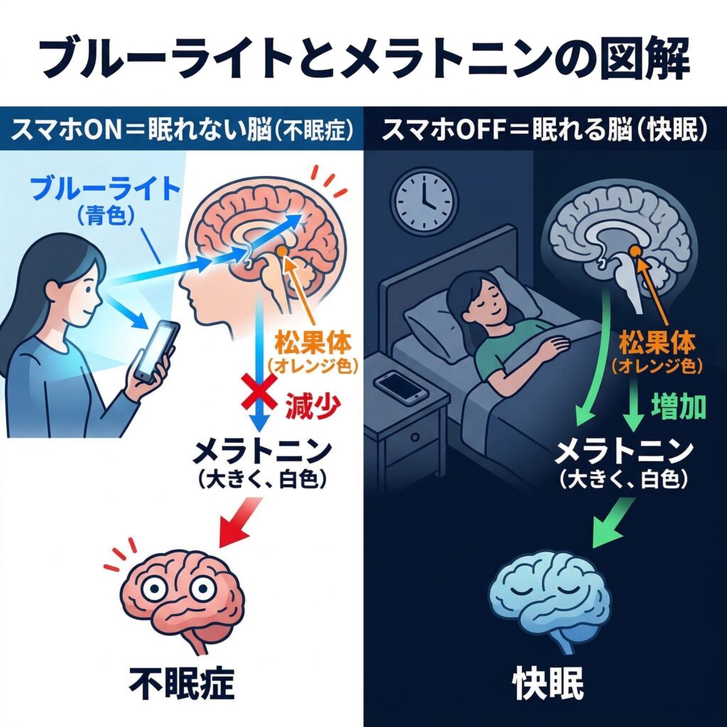 スマホから出るブルーライトが脳の松果体に当たり、メラトニンが「✕」で減少する流れを矢印で示す。左側に「スマホON=眠れない脳」、右側に「スマホOFF=眠れる脳」のビフォーアフター構成
テキスト:「メラトニン」「ブルーライト」「松果体」のラベルを図内に配置
推奨比率:16:9(800×450px)
