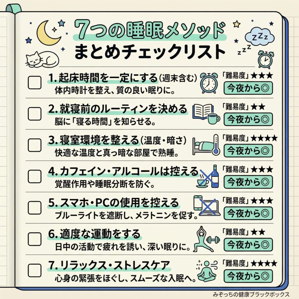 7つのメソッドをチェックボックス付きリストで縦に配置。各項目の横に難易度★と「今夜から◎」などのラベルを付与。リスト上部に月・星のアイコンとブログタイトル「みぞっちの健康ブラックボックス」のウォーターマークを小さく入れる
フォント:丸みのあるゴシック体(手書き風に見えるフォントが理想)
推奨比率:4:5(800×1000px)