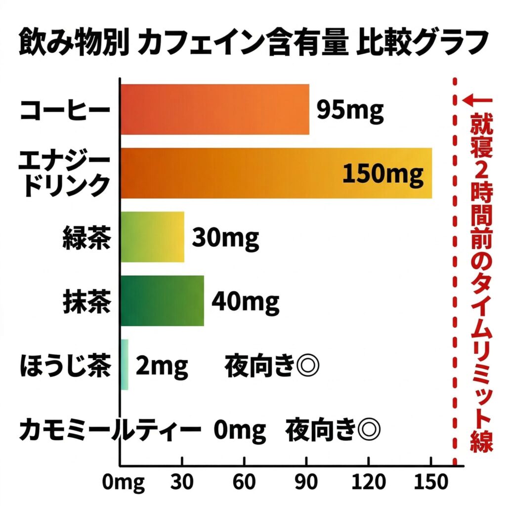 コーヒー・エナジードリンク・緑茶・抹茶・ほうじ茶・カモミールティーの6種類を並べた横棒グラフ。バーの横にmg数を明記。ほうじ茶・カモミールはグリーン系で「夜向き◎」ラベルを付与
追記要素:グラフ右端に「就寝2時間前のタイムリミット線(赤の破線)」を入れる
推奨比率:16:10(800×500px)